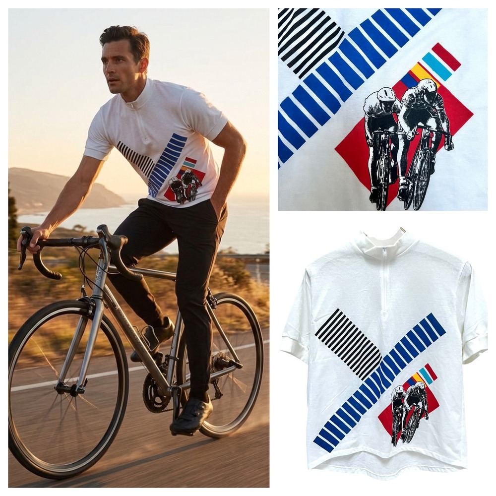 Vintage Le Sporteur Men White Cycling Jersey Graphic Half Zip 80s USA Cybercore